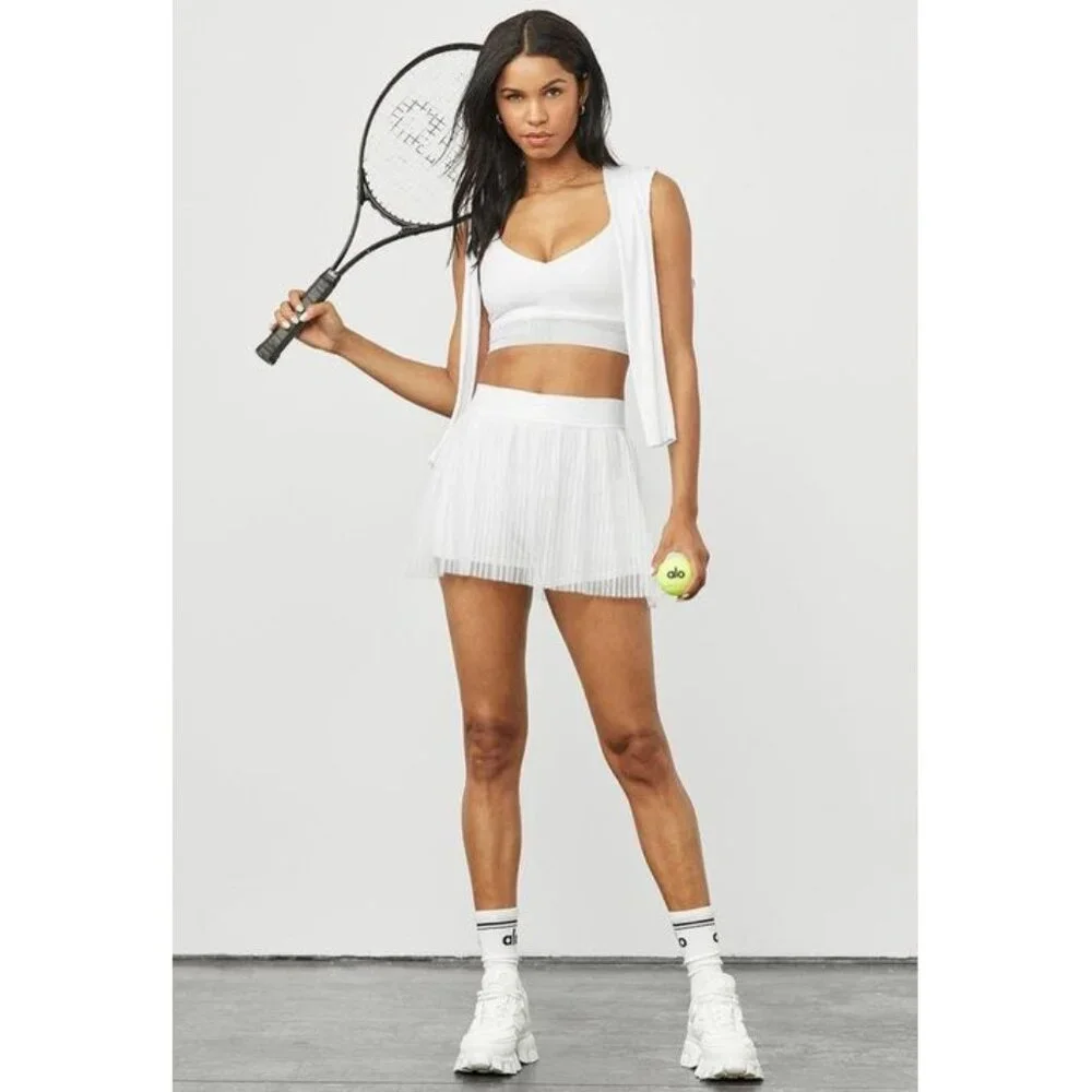 Alo Mesh Flirty Tennis Skirt White Sheer Transparent See-Through Pleated Skort